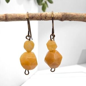 Handmade Double Yellow Agate Stone Beads on Bronze Tone Hooks Dangle Earrings